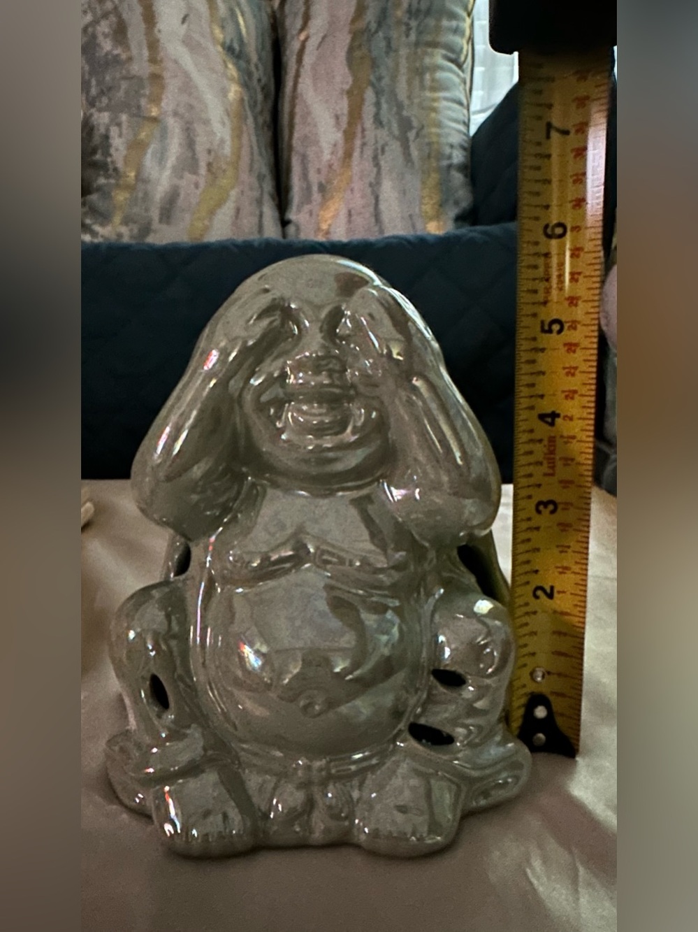 Ceramic Laughing Buddha Statue - Iridescent Sage Glaze - Picture 6 of 6